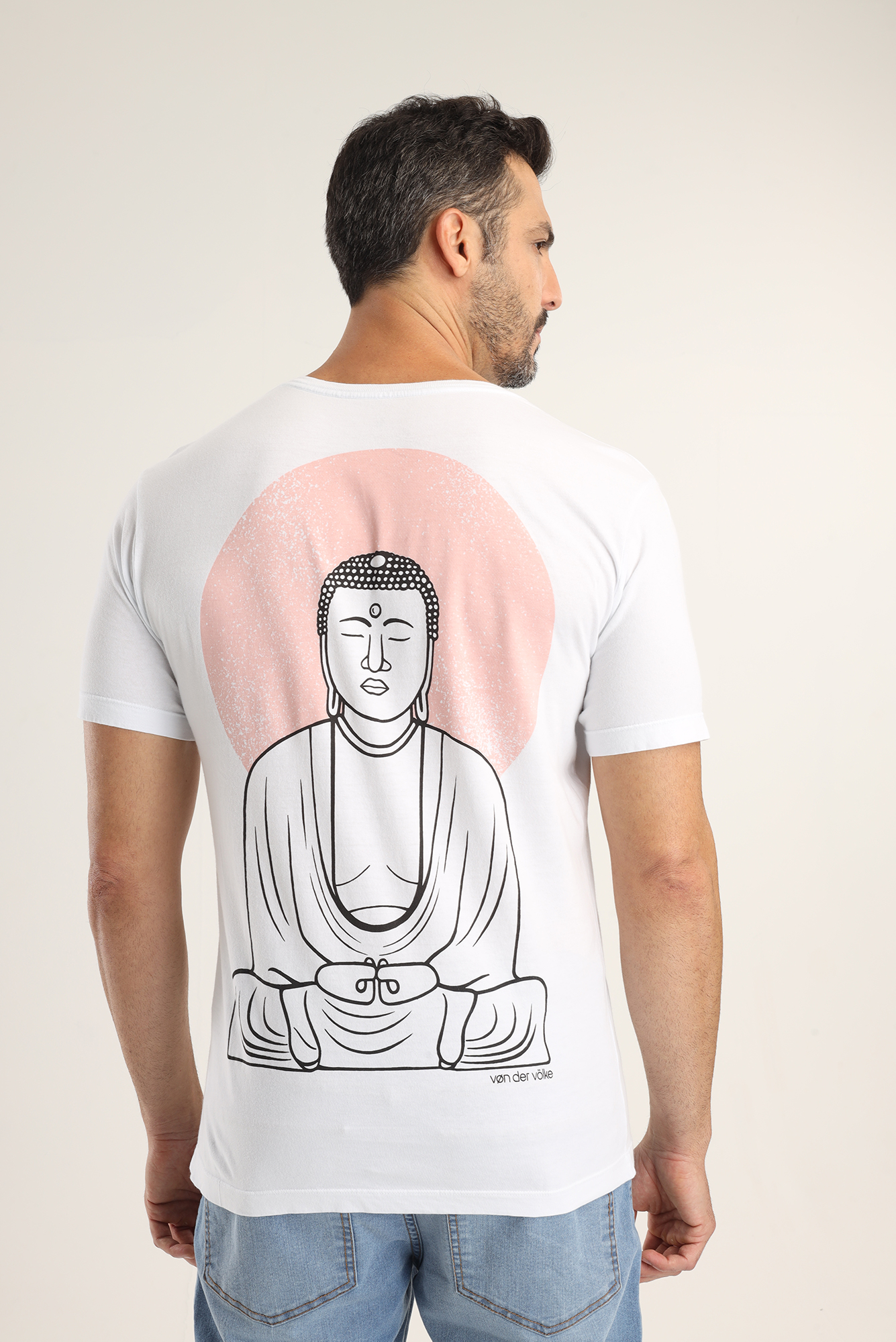 Camiseta branca com estampa de Buda nas costas