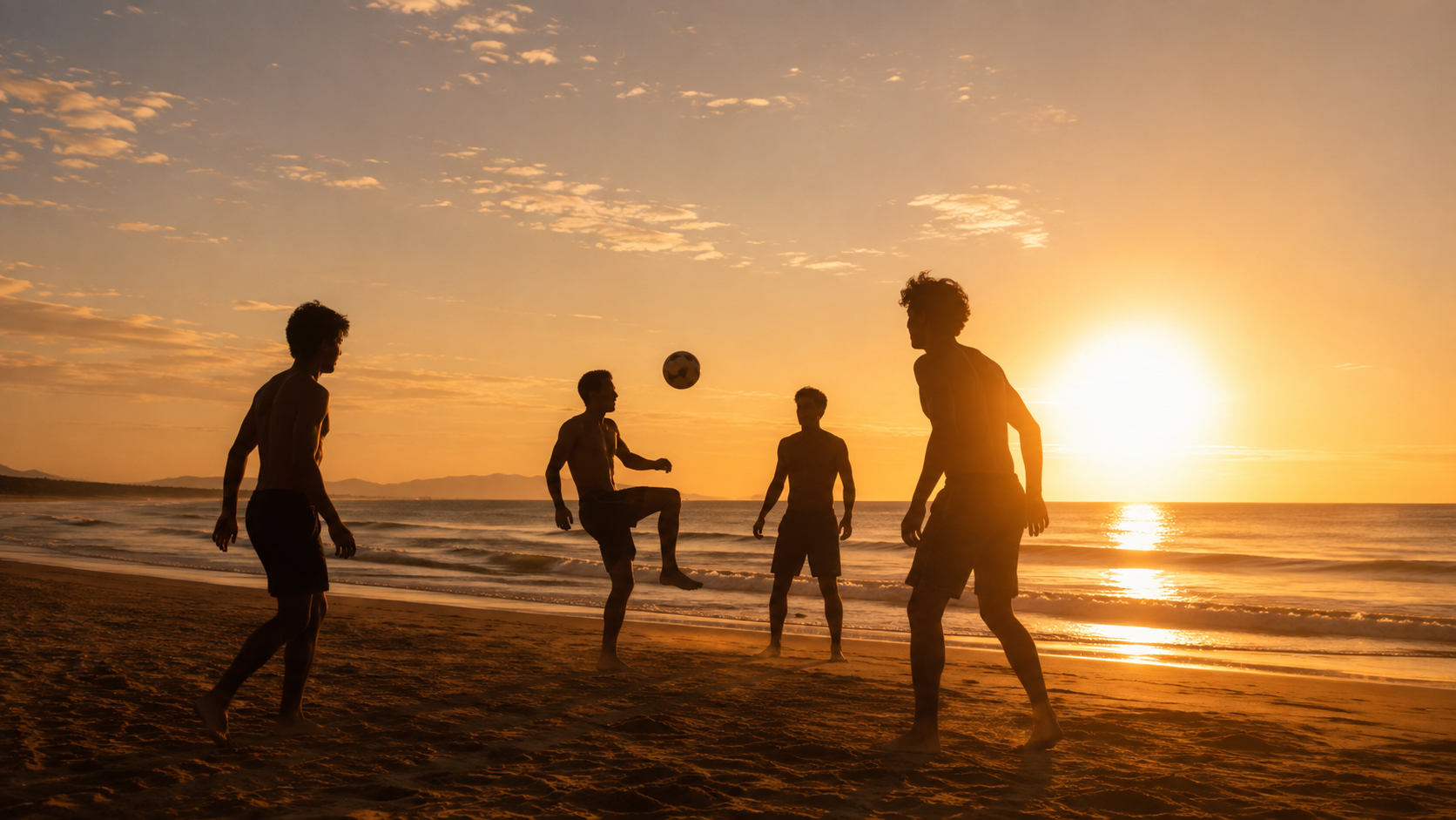 Amigos jogando bola na praia ao pôr do sol