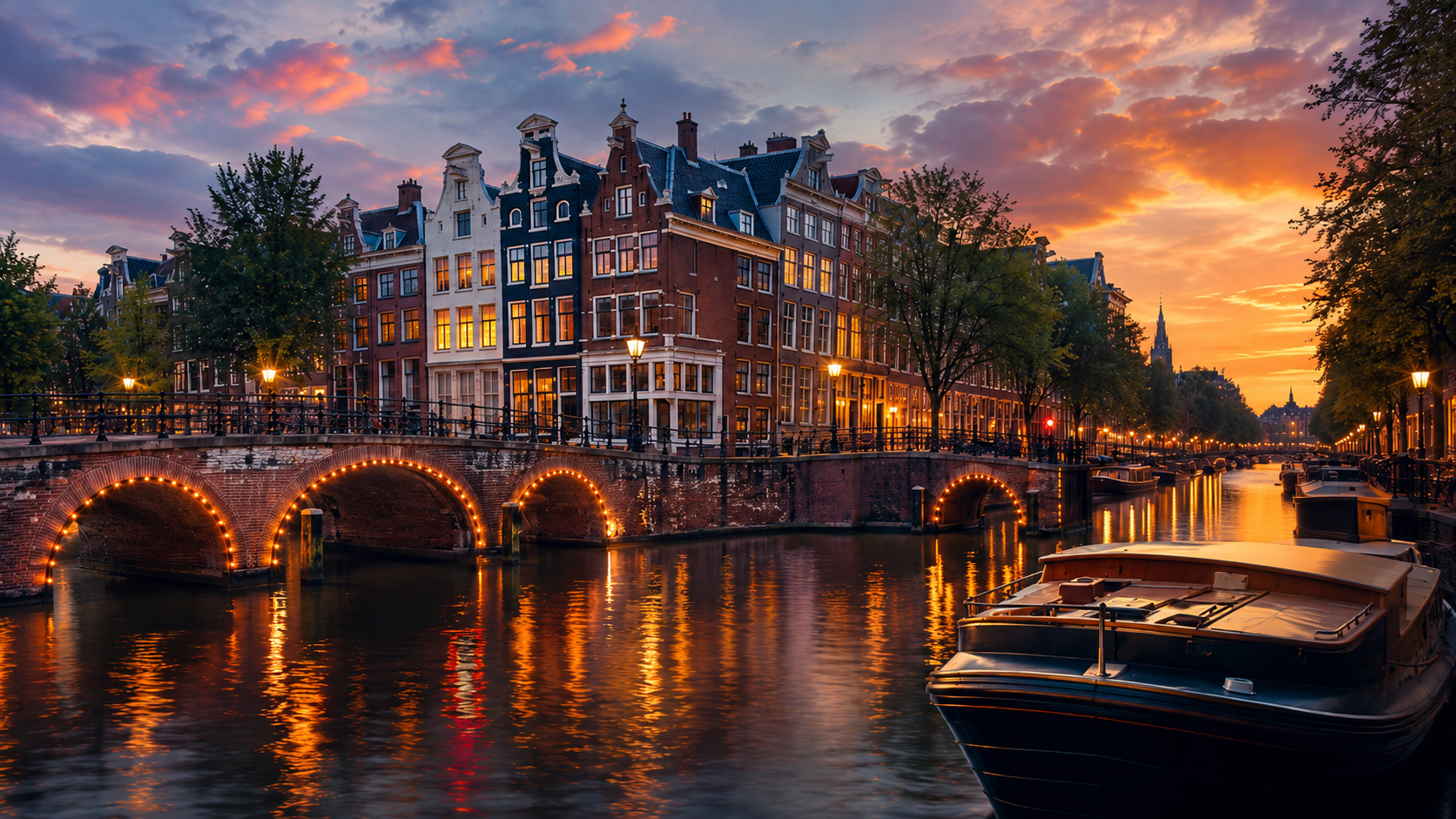 Canais de Amsterdam ao anoitecer