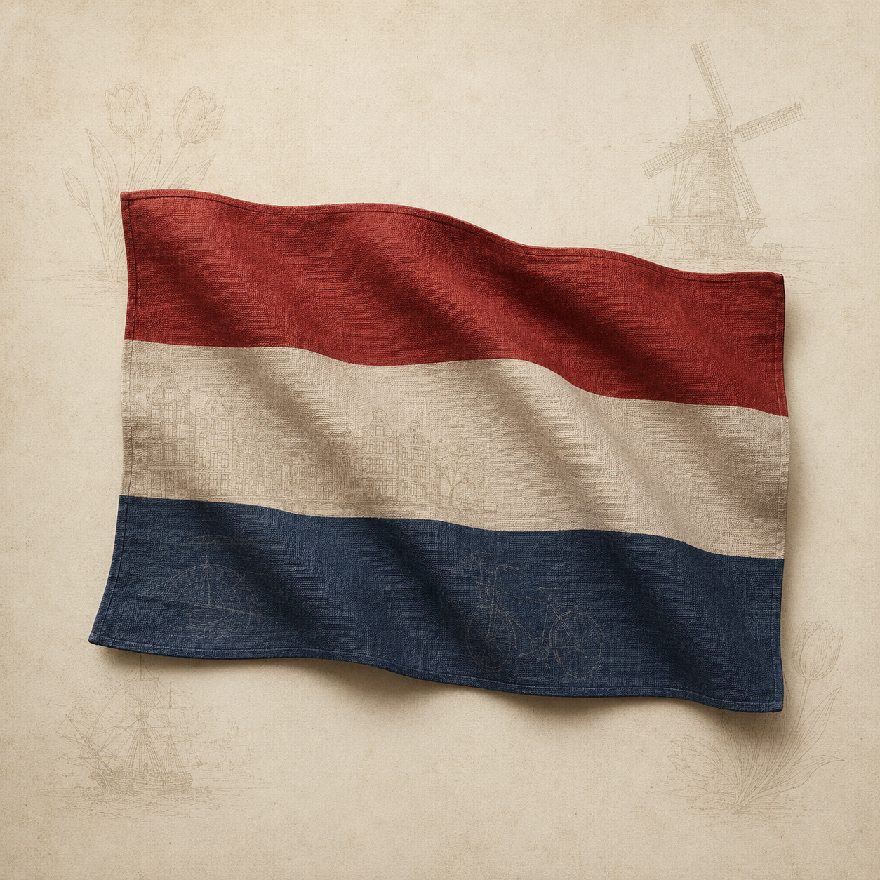 Bandeira da Holanda em arte vintage com moinhos e canais