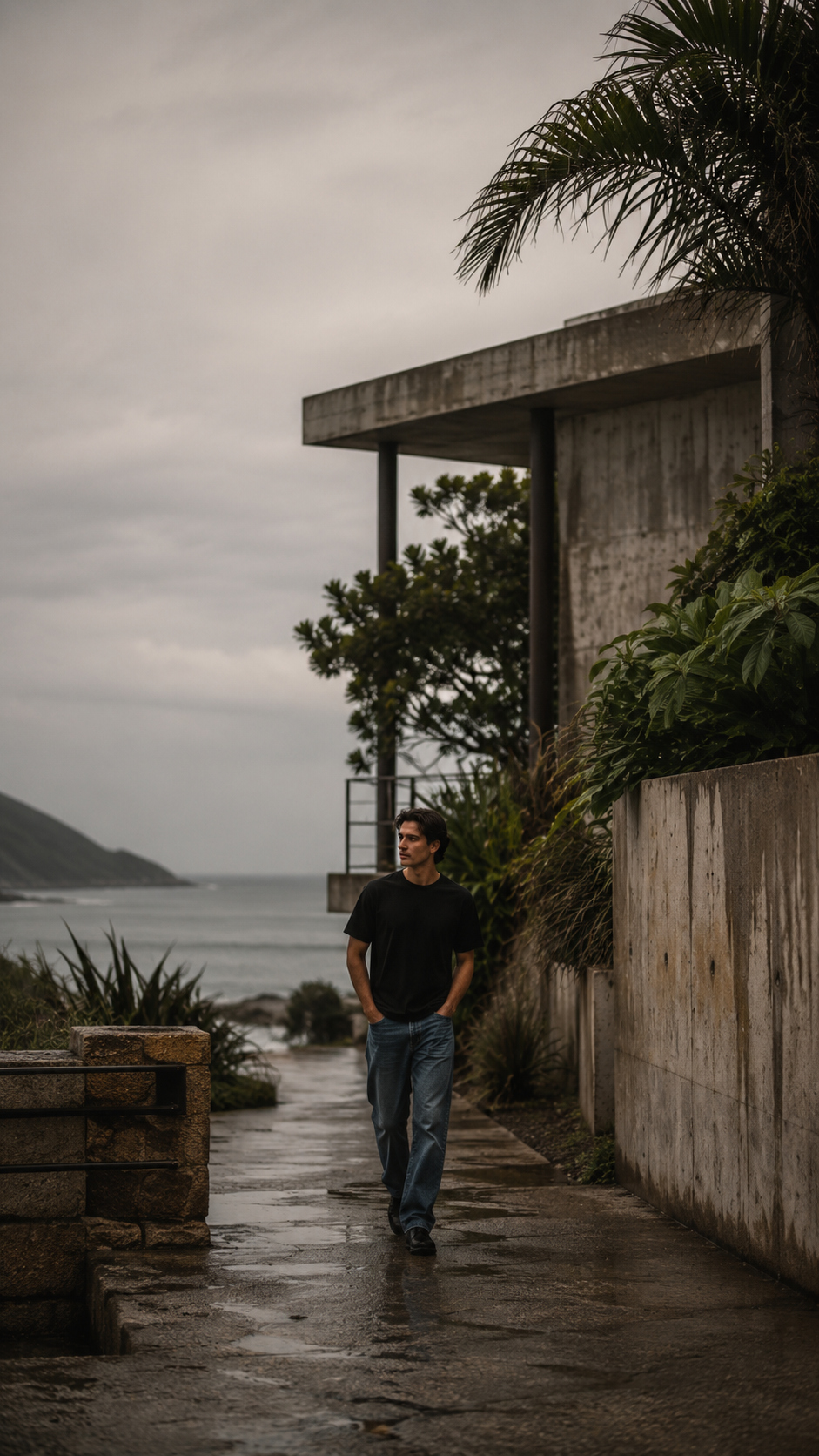 Modelo Vøn der Völke em arquitetura de concreto à beira-mar