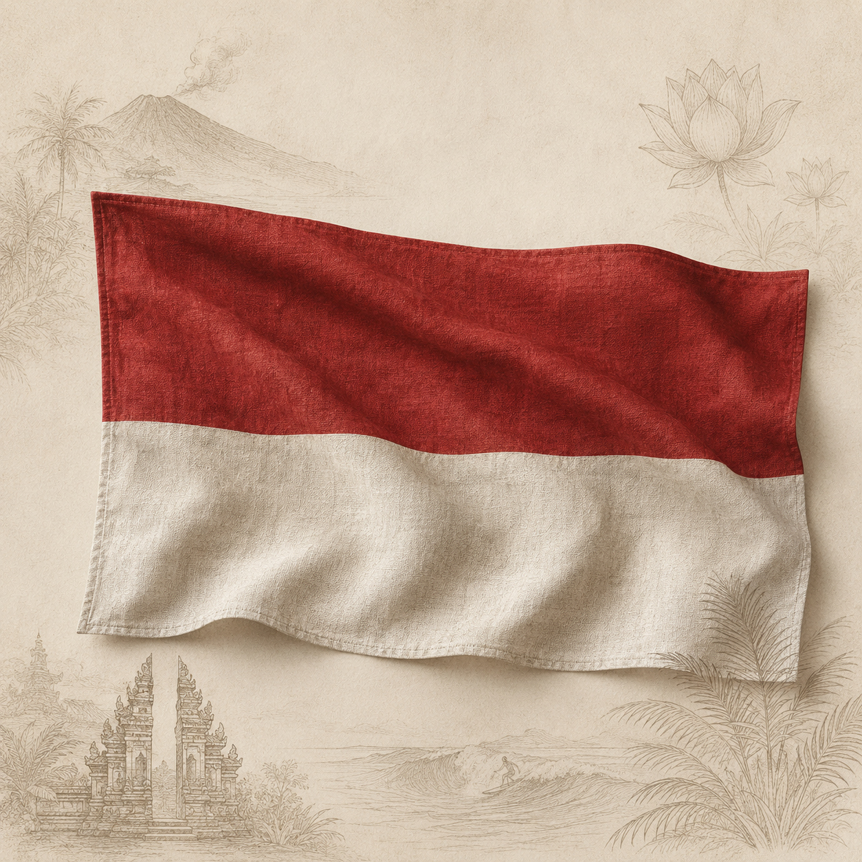 Bandeira da Indonésia em arte vintage com templos e vulcões